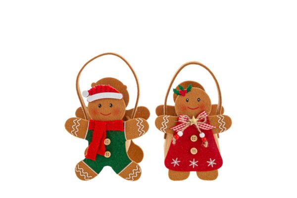 Due borse a forma di omino biscotto zenzero natalizio, una con vestito verde e una con abito rosso.