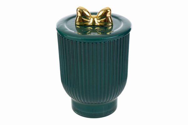 Candela natalizia in scatola di vetro verde con coperchio e fiocco dorato, d.10xh.13cm.