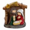 Statua della Sacra Famiglia in resina, 6,5×6,5 cm, con capanna e stella cometa dorata.