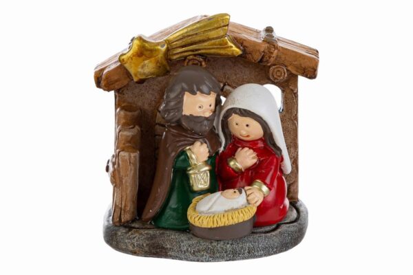 Statua della Sacra Famiglia in resina, 6,5×6,5 cm, con capanna e stella cometa dorata.