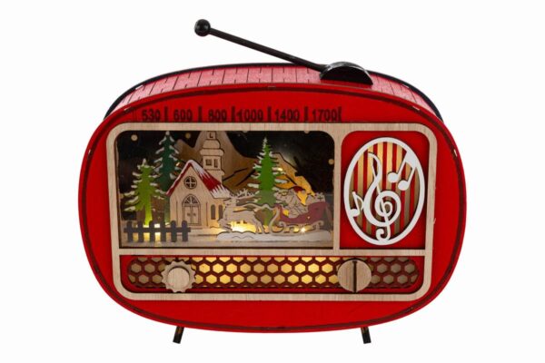Radio natalizia in legno con LED, decorata con scena invernale e Babbo Natale, dimensioni 22x6xh.19 cm.