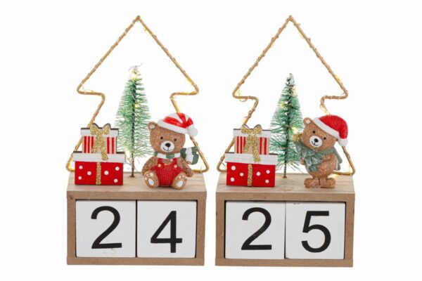 Datario natalizio LED con orsetto, pacchi regalo e albero su base in legno, dimensioni 8,5x4,5x15 cm.
