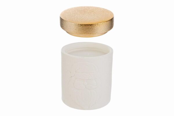 Candela in porcellana bianca con coperchio dorato, decorata con rilievo di Babbo Natale, 9,5×9,5x12 cm.