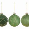 Tre palline di vetro verde decorative, diametro 10 cm, con finiture dorate e cordino per appenderle.