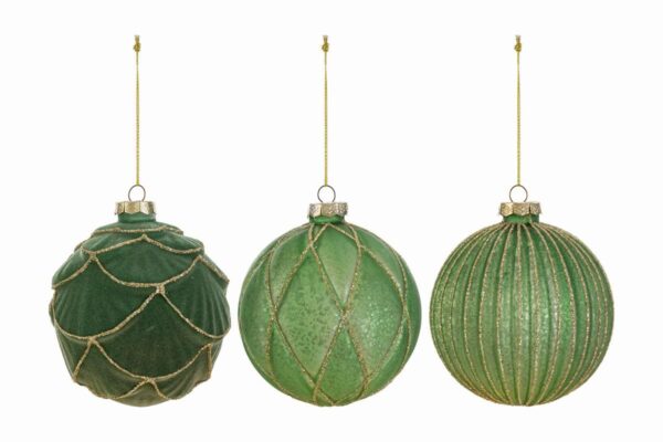 Tre palline di vetro verde decorative, diametro 10 cm, con finiture dorate e cordino per appenderle.