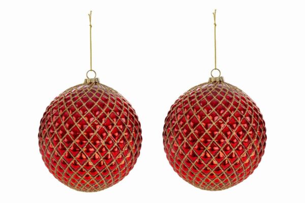 Set di 2 palline natalizie in vetro rosso con decoro dorato, diametro 15 cm, appese con filo oro.