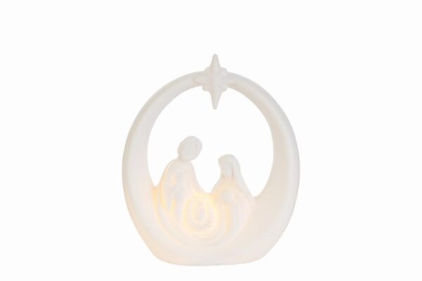 Statua Sacra Famiglia in porcellana bianca con luce LED, dimensioni 12×4,5xh.14,5 cm.