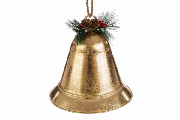 Appendino a forma di campana oro in metallo, decorato con pigne e aghi di pino, 16,5x17 cm.