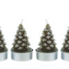 Set di 4 candele natalizie a forma di alberello, colore verde con dettagli bianchi, in supporto metallico.