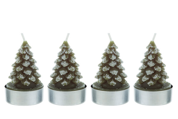 Set di 4 candele natalizie a forma di alberello, colore verde con dettagli bianchi, in supporto metallico.