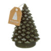 Candela natalizia a forma di alberello verde con etichetta, dimensioni 8x12 cm.