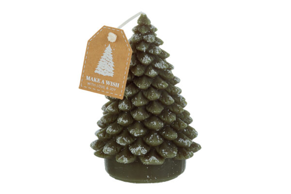 Candela natalizia a forma di alberello verde con etichetta, dimensioni 8x12 cm.
