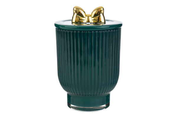 Candela natalizia in scatola di vetro verde con coperchio e decorazione dorata, d.10x13cm.