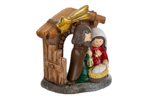 Statua in resina della Sacra Famiglia sotto una capanna, decorazione natalizia 6,5×6,5 cm.