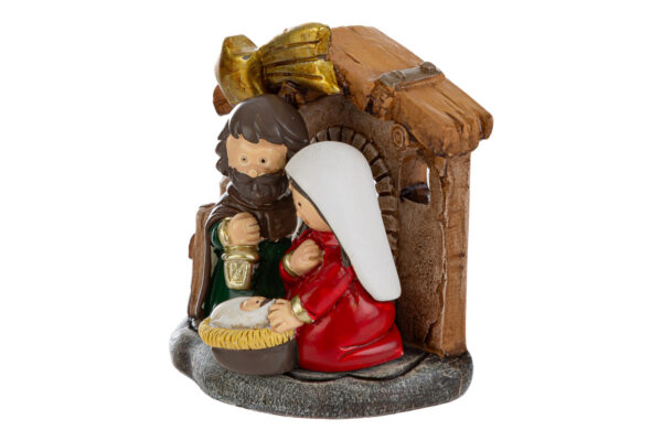 Statua in resina della Sacra Famiglia sotto una capanna, dimensioni 6,5×6,5 cm.