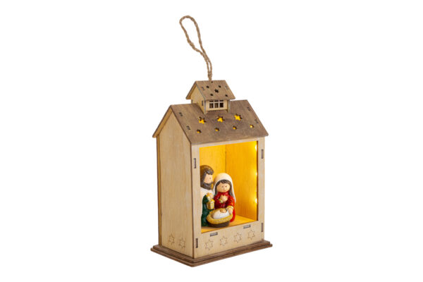 Appendino in resina con Sacra Famiglia e LED, dimensioni 11x8xh.20 cm, decorazione natalizia.