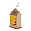 Appendino in resina con Sacra Famiglia illuminata a LED, dimensioni 11x8xh.20 cm, stile casa in legno.