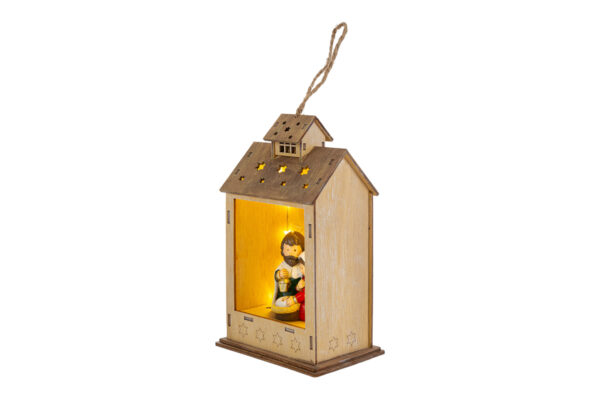 Appendino in resina con Sacra Famiglia illuminata a LED, dimensioni 11x8xh.20 cm, stile casa in legno.