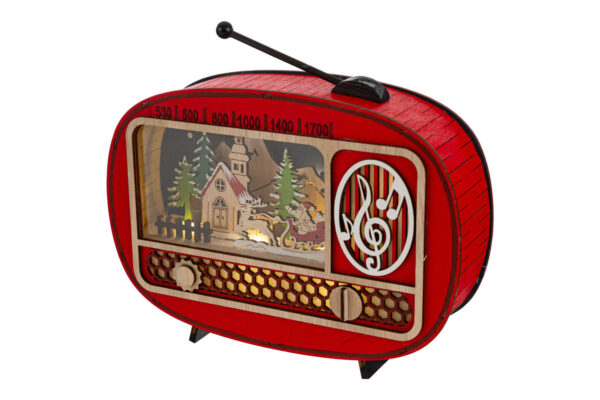Radio natalizia in legno con LED, decorata con scena invernale, dimensioni 22x6xh.19 cm.