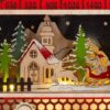 Dettaglio radio natalizia in legno con LED, scena invernale con chiesa, slitta e alberi innevati.