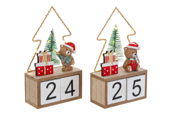 Datario natalizio con orsetto, pacchi regalo e albero LED, dimensioni 8,5×4,5x15 cm.