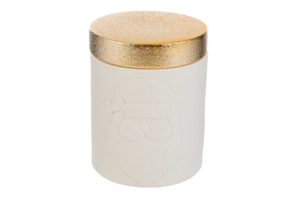 Candela in porcellana con coperchio dorato, motivo Babbo Natale, dimensioni 9,5x9,5x12 cm.