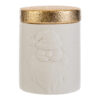 Candela Babbo Natale in porcellana bianca con coperchio dorato, misura 9,5×9,5x12 cm.