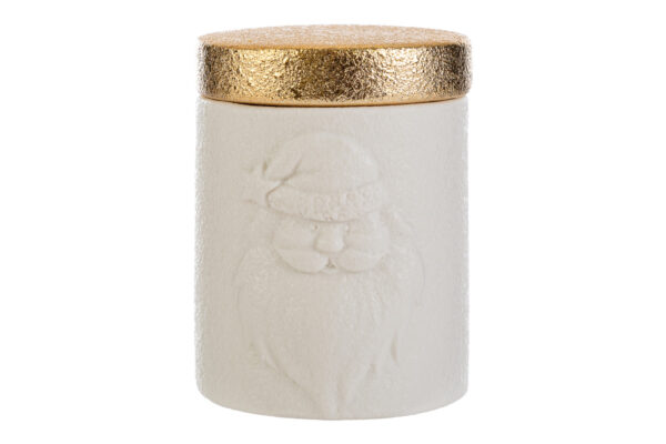 Candela Babbo Natale in porcellana bianca con coperchio dorato, misura 9,5×9,5x12 cm.