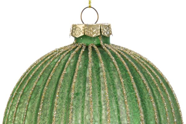 Pallina di vetro verde decorativa, diametro 10 cm, con dettagli dorati e gancio per appendere.
