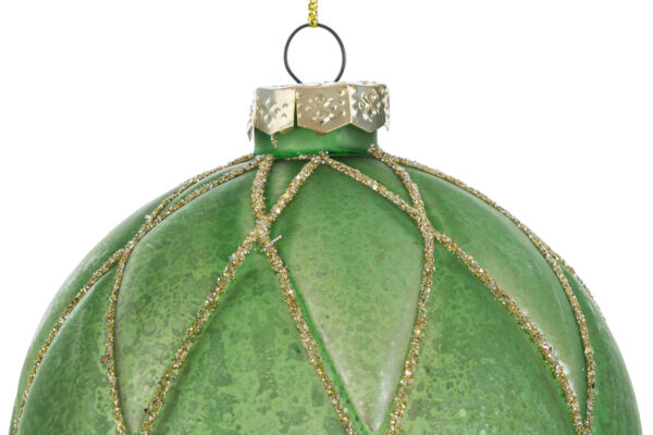 Pallina di vetro verde con decori dorati, diametro 10 cm, parte del set da 3 pezzi.