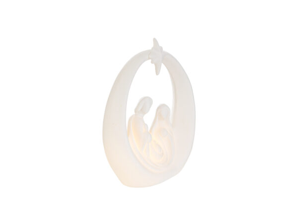 Statua Sacra Famiglia in porcellana con LED, 12×4,5xh.14,5 cm, forma moderna ovale.