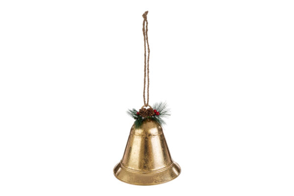 Appendino a forma di campana oro in metallo con decorazioni natalizie, dimensioni 16,5x17 cm.