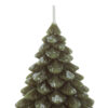 Candela natalizia a forma di alberello verde con dettagli bianchi, dimensioni 8x12 cm.