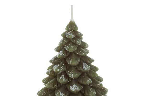 Candela natalizia a forma di alberello verde con dettagli bianchi, dimensioni 8x12 cm.