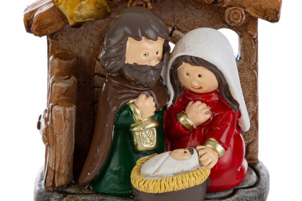 Statuetta Sacra Famiglia in resina, 6,5×6,5 cm, raffigurante Maria, Giuseppe e Gesù Bambino.