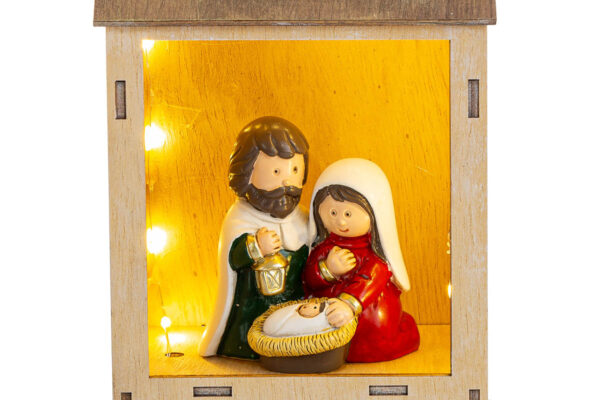 Appendino in resina con Sacra Famiglia illuminata da LED, dimensioni 11x8xh.20 cm.