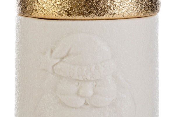 Candela in porcellana con rilievo di Babbo Natale e bordo dorato, dimensioni 9,5x9,5x12 cm.