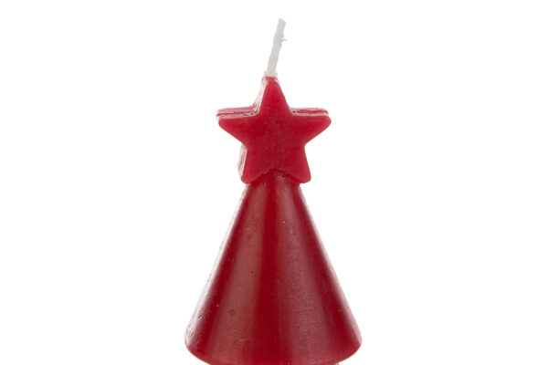 Candela a forma di alberello natalizio rosso con stella, altezza 14,5 cm.
