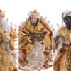 Tre Re Magi in resina vestiti d’oro del set Natività, decorati con dettagli dorati, h 23 cm.