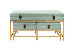 SET 3 PANCHINE METALLO IMBOTTITEC/CONTENITORE VERDE ACQUA 90X40X47 CM