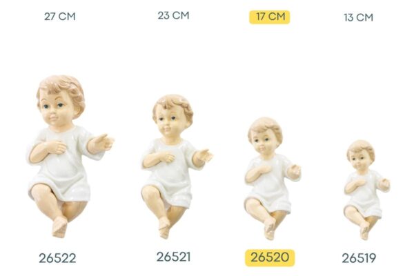 Bambino Gesù in porcellana alto 17 cm, raffigurato tra diverse dimensioni disponibili.