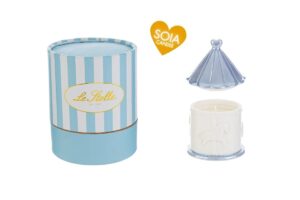 CANDELA SOIA GIOSTRINA PORCELLANA CELESTE 8x8xh.12CM C/ASTUCCIO