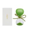 Clessidra in vetro verde satinato h 8cm con astuccio bianco, sabbia verde all’interno.