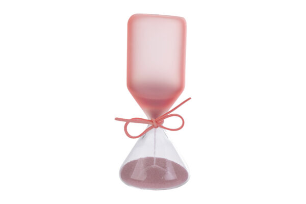 Clessidra in vetro rosa satinato alta 15 cm con astuccio, design elegante e moderno.