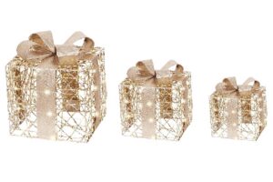 SET 3 PACCHI NATALIZI LED COL.ORO TIMER 6HR 17CM20L/23CM30L/30CM40L