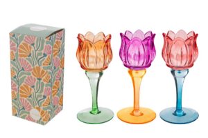 PORTACANDELE TULIPANO VETRO COLORATO 3 ASS.7,5xh.18CM C/COLOR/BOX